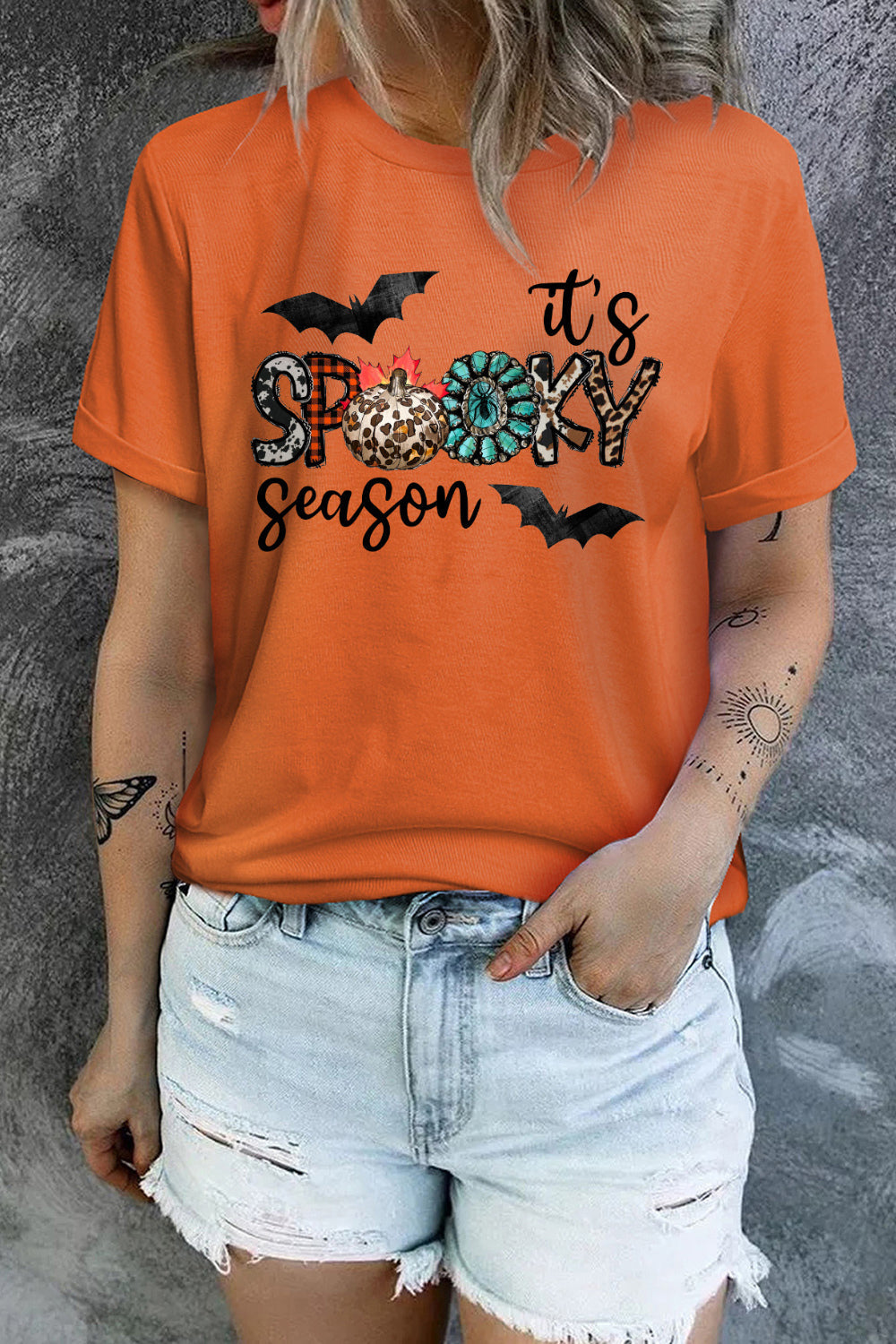 Round Neck Short Sleeve IT’S SPOOKY SEASON Graphic T-Shirt - T-Shirts - Shirts & Tops - 3 - 2024