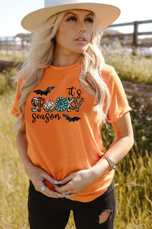 Round Neck Short Sleeve IT’S SPOOKY SEASON Graphic T-Shirt - Orange / S - T-Shirts - Shirts & Tops - 1 - 2024