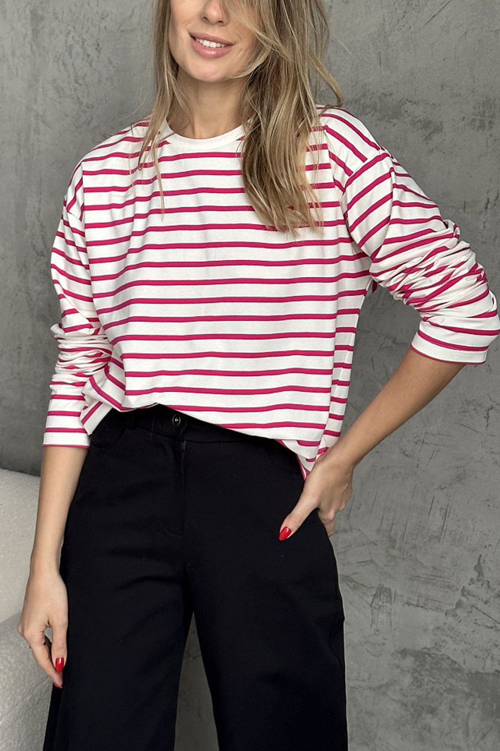 Round Neck Striped Dropped Shoulder T-Shirt - Pink / S - T-Shirts - Shirts & Tops - 9 - 2024