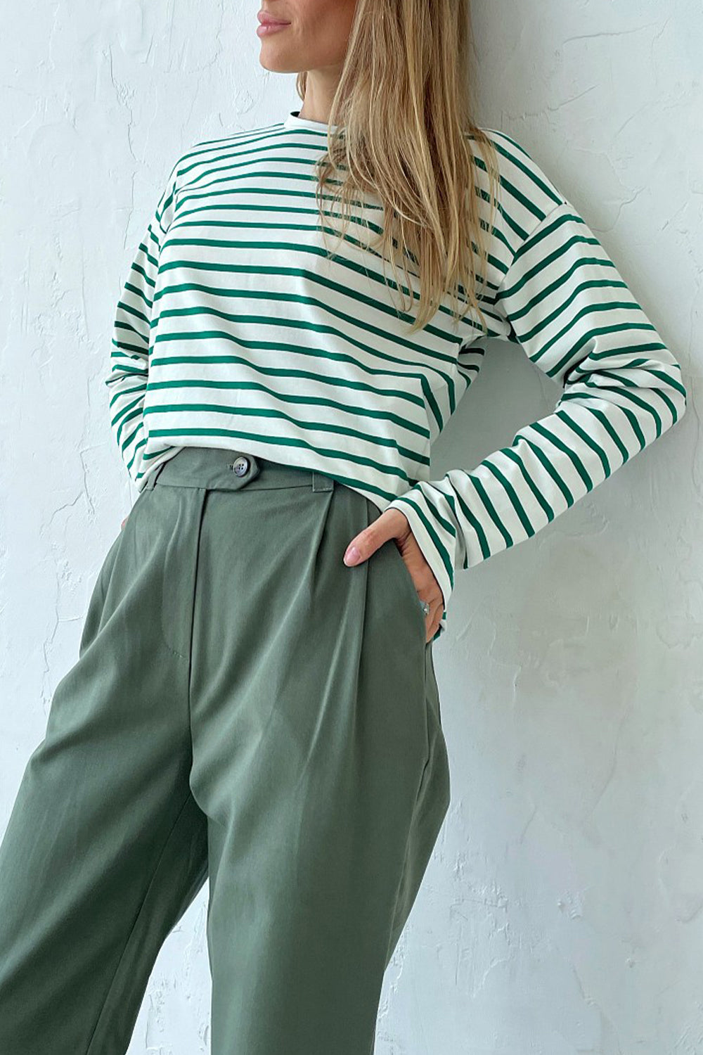 Round Neck Striped Dropped Shoulder T-Shirt - Green / S - T-Shirts - Shirts & Tops - 12 - 2024