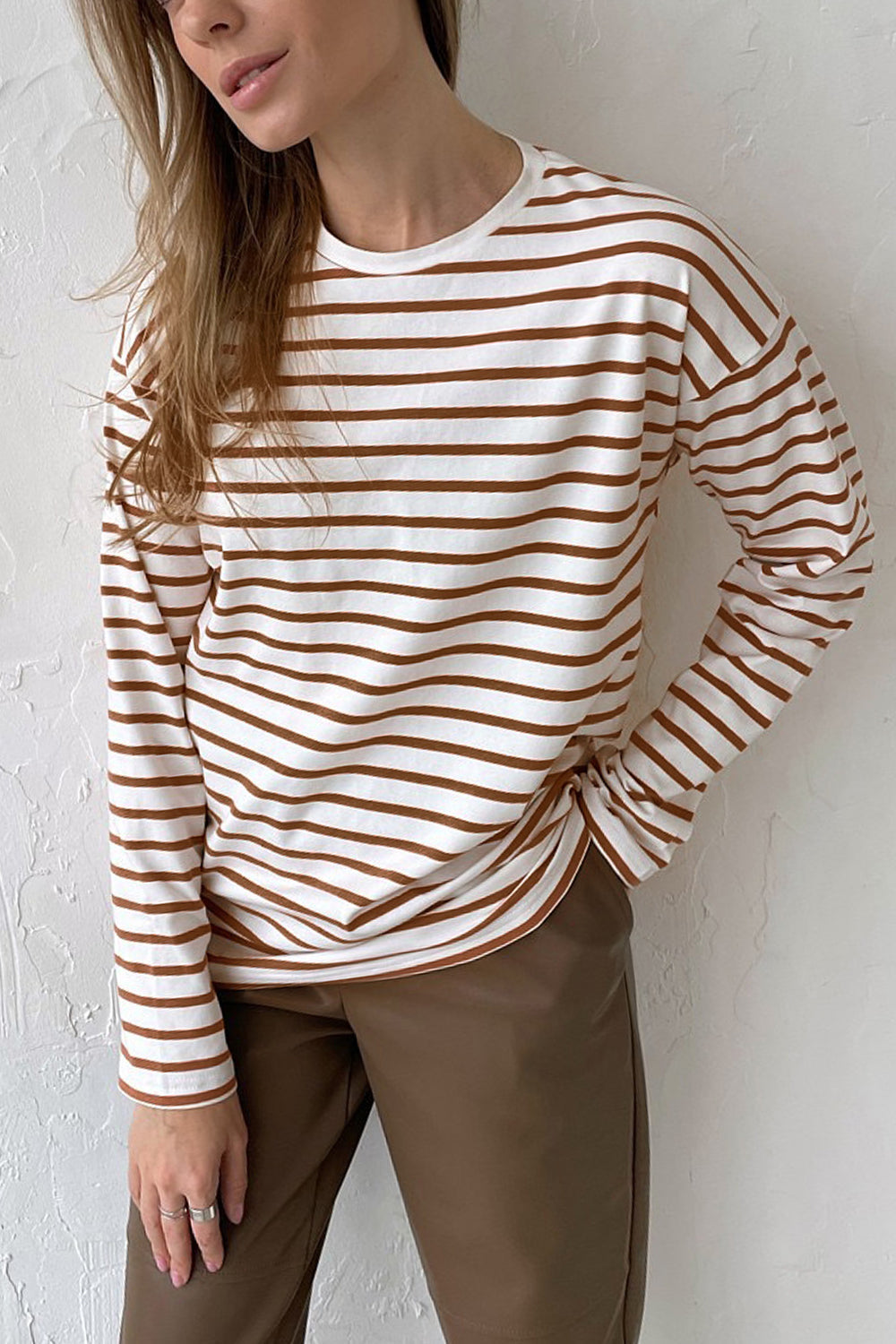 Round Neck Striped Dropped Shoulder T-Shirt - Brown / S - T-Shirts - Shirts & Tops - 1 - 2024