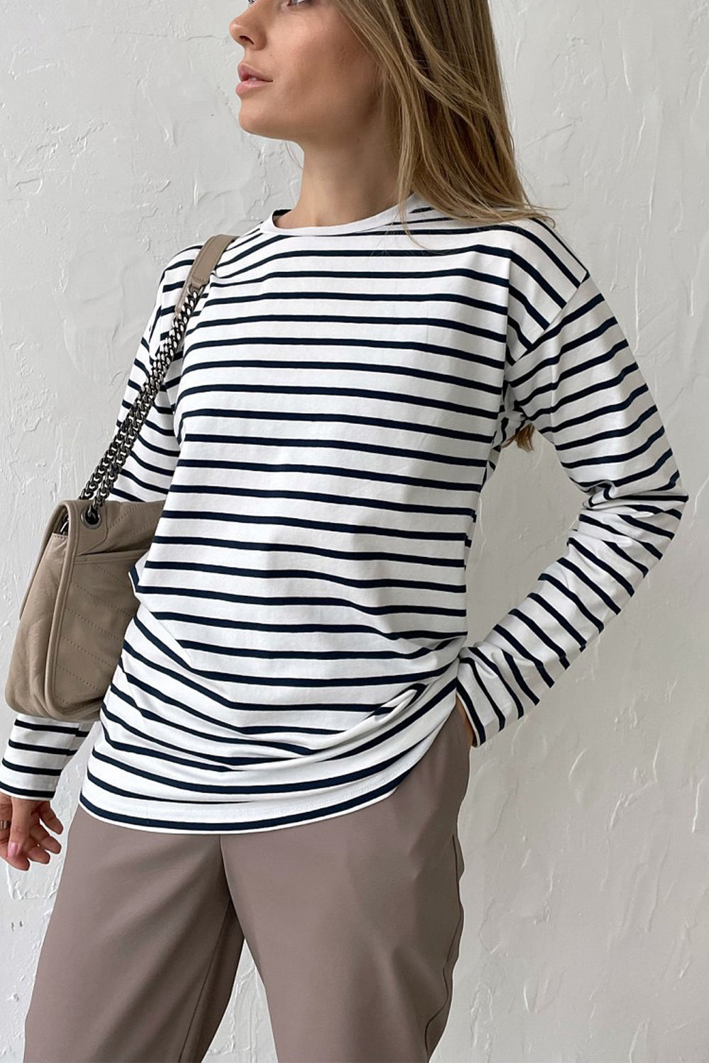 Round Neck Striped Dropped Shoulder T-Shirt - White / S - T-Shirts - Shirts & Tops - 6 - 2024