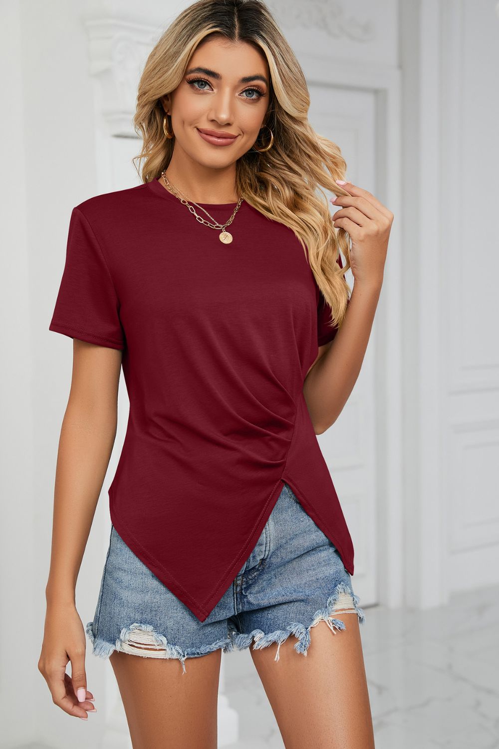 Ruched Hem Detail Crewneck T-Shirt - Dark Red / S - T-Shirts - Shirts & Tops - 4 - 2024