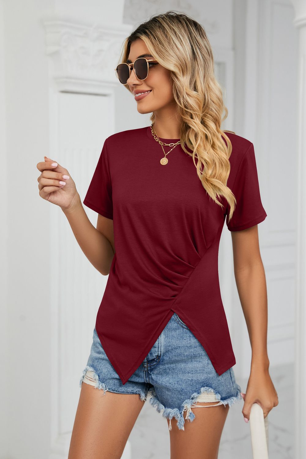 Ruched Hem Detail Crewneck T-Shirt - T-Shirts - Shirts & Tops - 5 - 2024