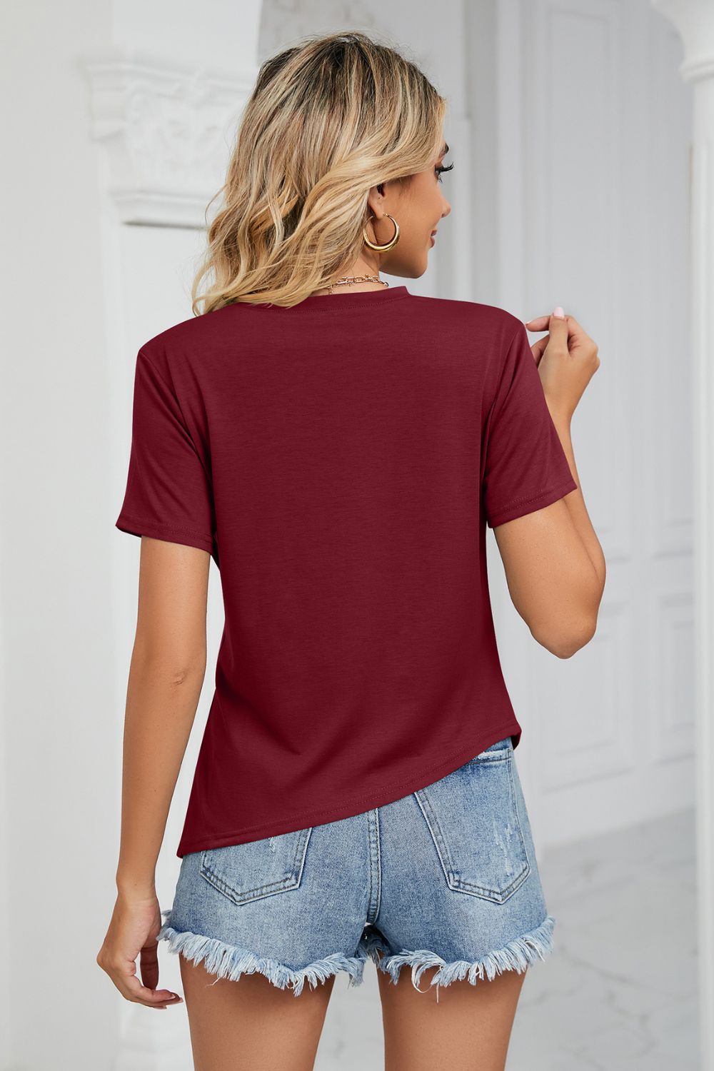 Ruched Hem Detail Crewneck T-Shirt - T-Shirts - Shirts & Tops - 6 - 2024