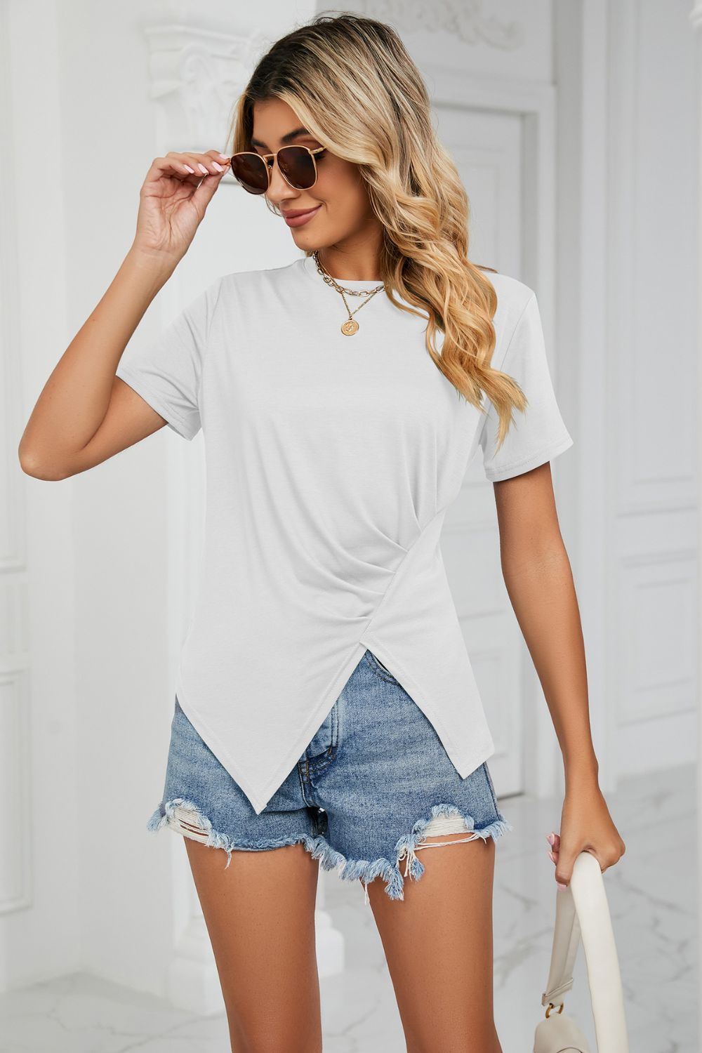 Ruched Hem Detail Crewneck T-Shirt - T-Shirts - Shirts & Tops - 11 - 2024