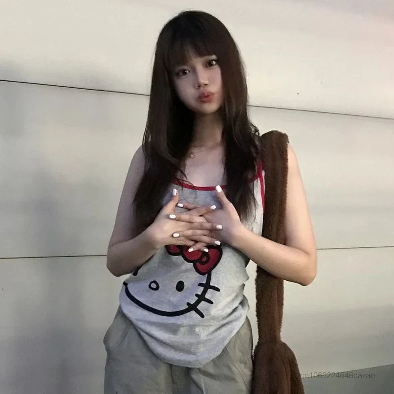 Sanrio Hello Kitty Cute Tank Tops Women Summer Fashion Sleeveless T-shirts Streetwear Sexy Suspender Cartoon Y2k Spicy