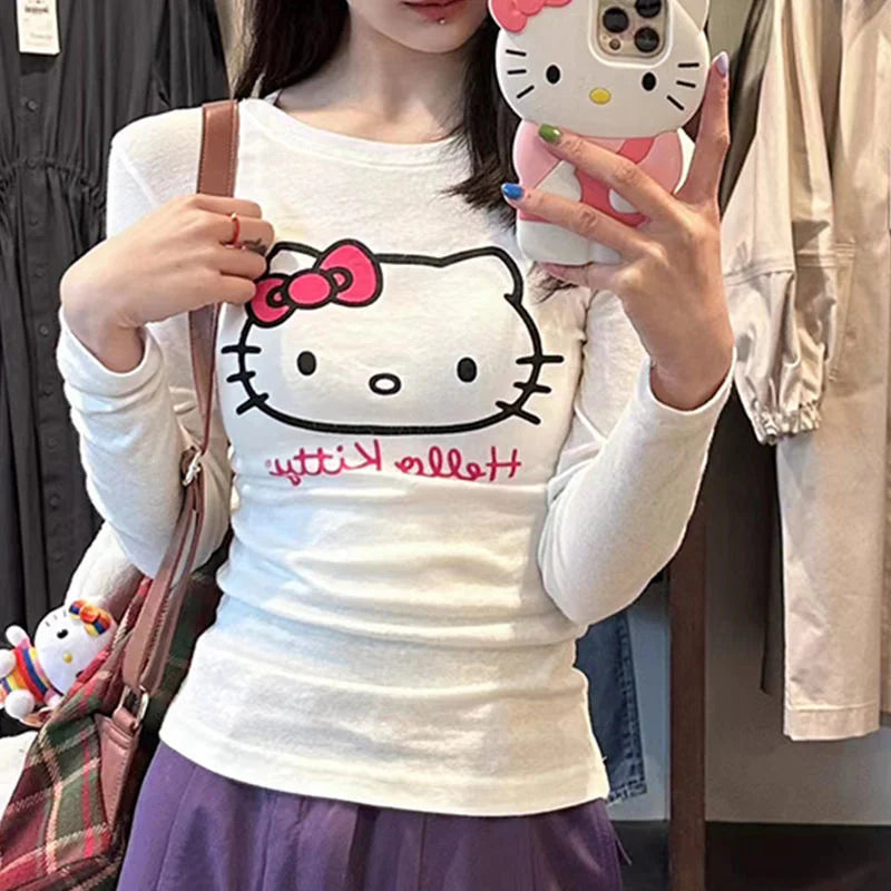Sanrio Hello Kitty Long Sleeve T-shirt - Cute Slim Spring Top - White / L - T-Shirts - Shirts & Tops - 5 - 2024