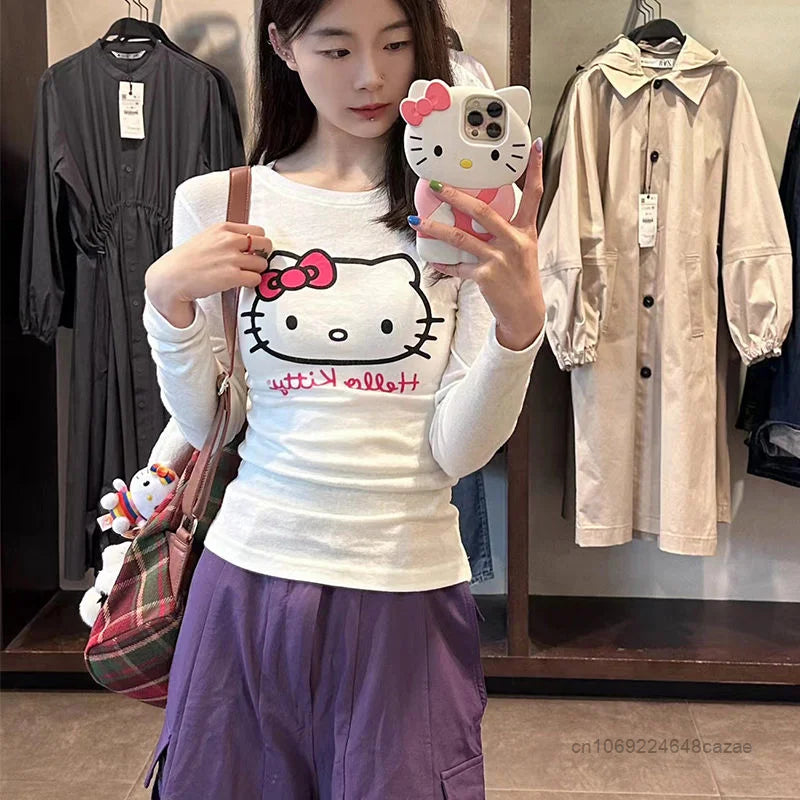 Sanrio Hello Kitty Long Sleeve T-shirt - Cute Slim Spring Top - T-Shirts - Shirts & Tops - 2 - 2024