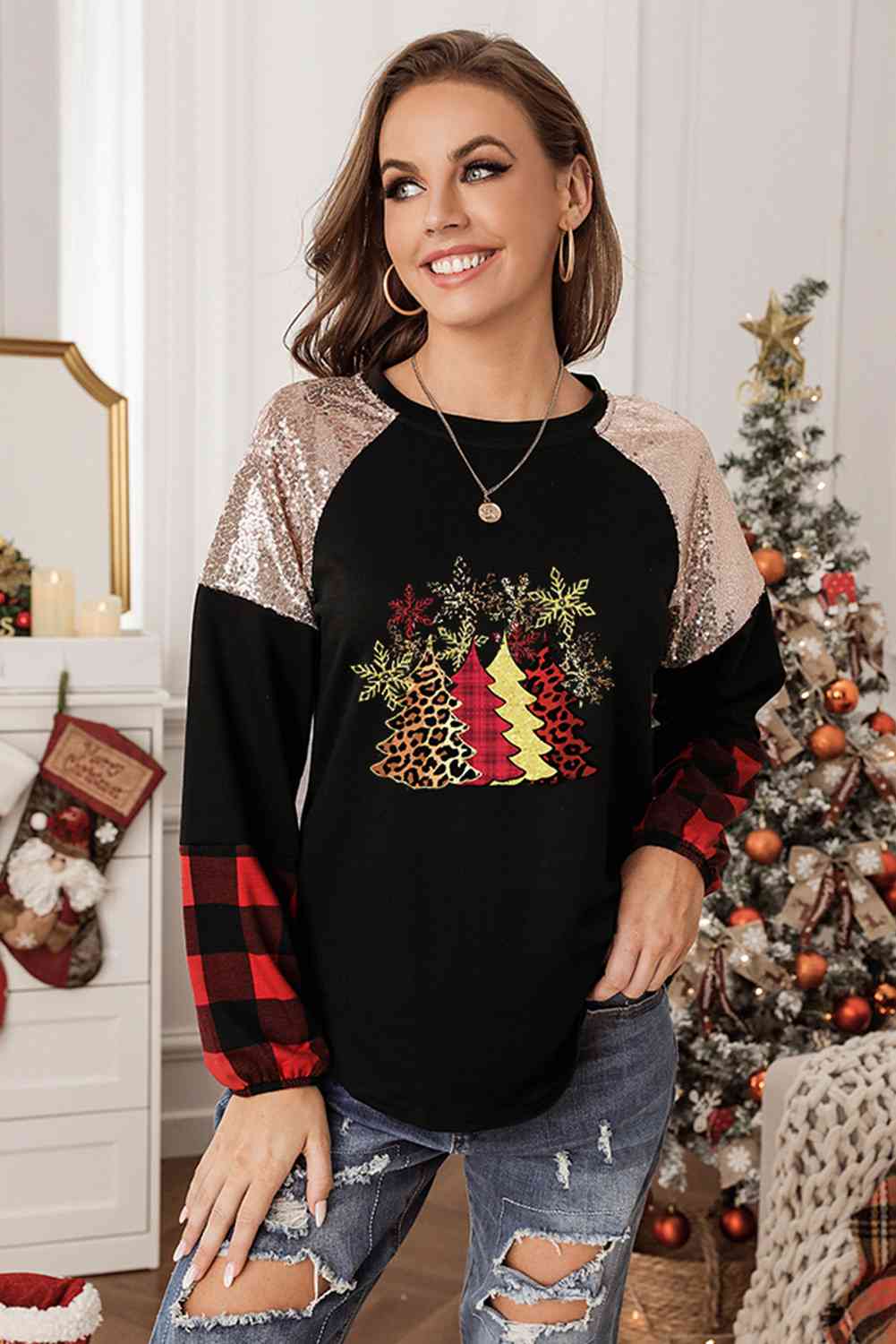 Sequin Christmas Tree Graphic Long Sleeve T-Shirt - T-Shirts - Shirts & Tops - 3 - 2024