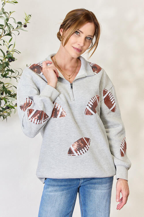 Sequin Football Half Zip Long Sleeve Sweatshirt - Light Gray / S - T-Shirts - Shirts & Tops - 1 - 2024