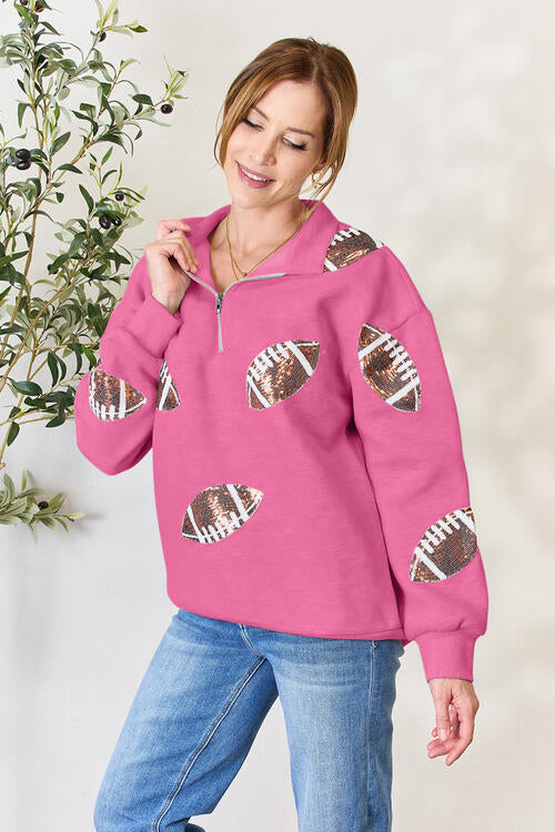 Sequin Football Half Zip Long Sleeve Sweatshirt - Deep Rose / S - T-Shirts - Shirts & Tops - 21 - 2024