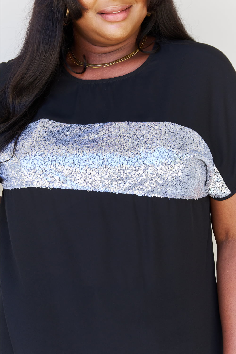 Shine Bright Full Size Center Mesh Sequin Top in Black/Silver - T-Shirts - Shirts & Tops - 5 - 2024