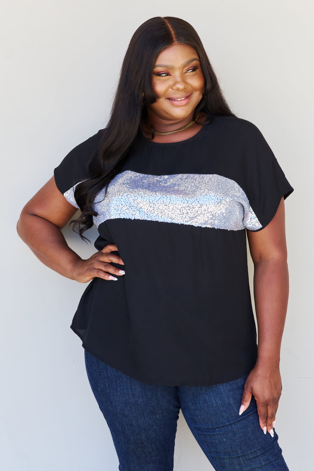 Shine Bright Full Size Center Mesh Sequin Top in Black/Silver - Black / S - T-Shirts - Shirts & Tops - 1 - 2024