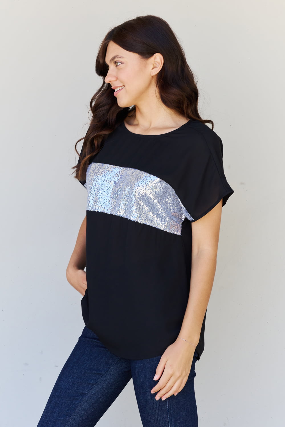 Shine Bright Full Size Center Mesh Sequin Top in Black/Silver - T-Shirts - Shirts & Tops - 8 - 2024