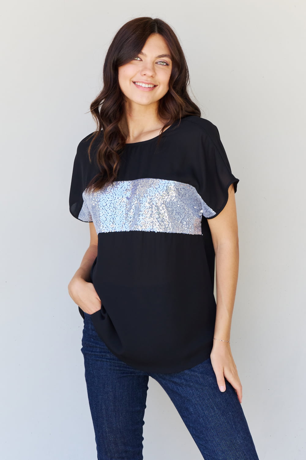 Shine Bright Full Size Center Mesh Sequin Top in Black/Silver - T-Shirts - Shirts & Tops - 6 - 2024