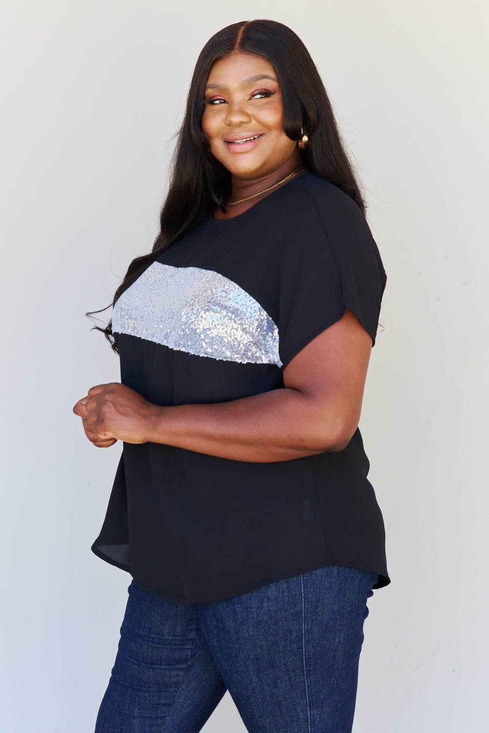 Shine Bright Full Size Center Mesh Sequin Top in Black/Silver - T-Shirts - Shirts & Tops - 3 - 2024