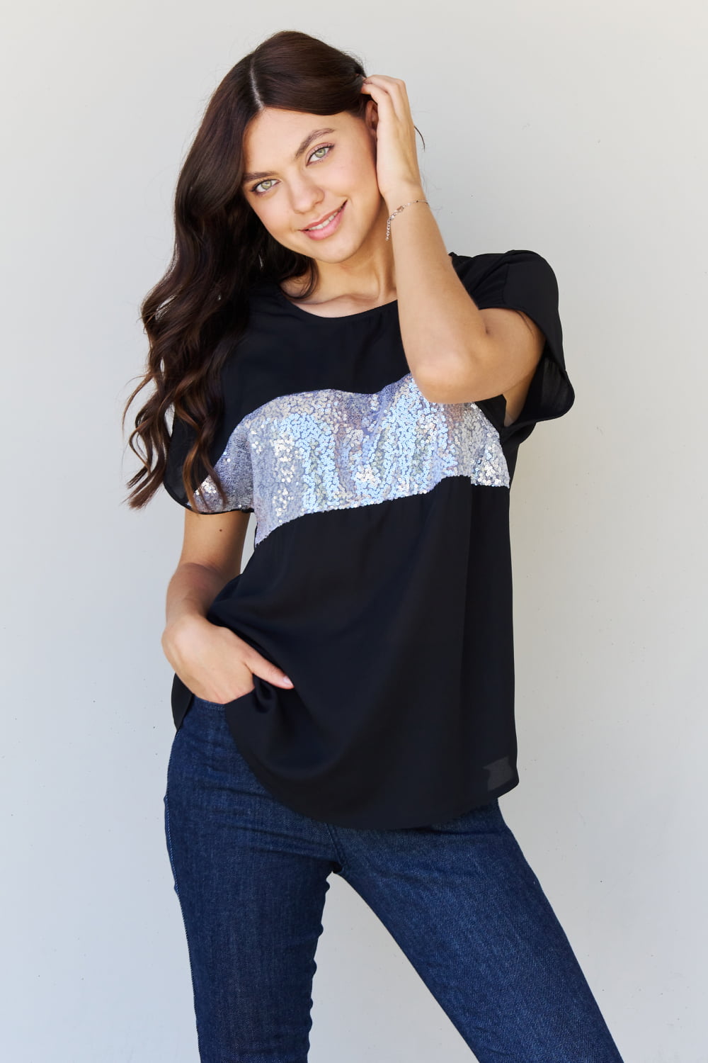 Shine Bright Full Size Center Mesh Sequin Top in Black/Silver - T-Shirts - Shirts & Tops - 7 - 2024