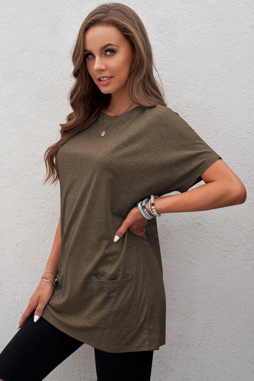 Short Sleeve Round Neck Tee Shirt with Pockets - T-Shirts - Shirts & Tops - 4 - 2024