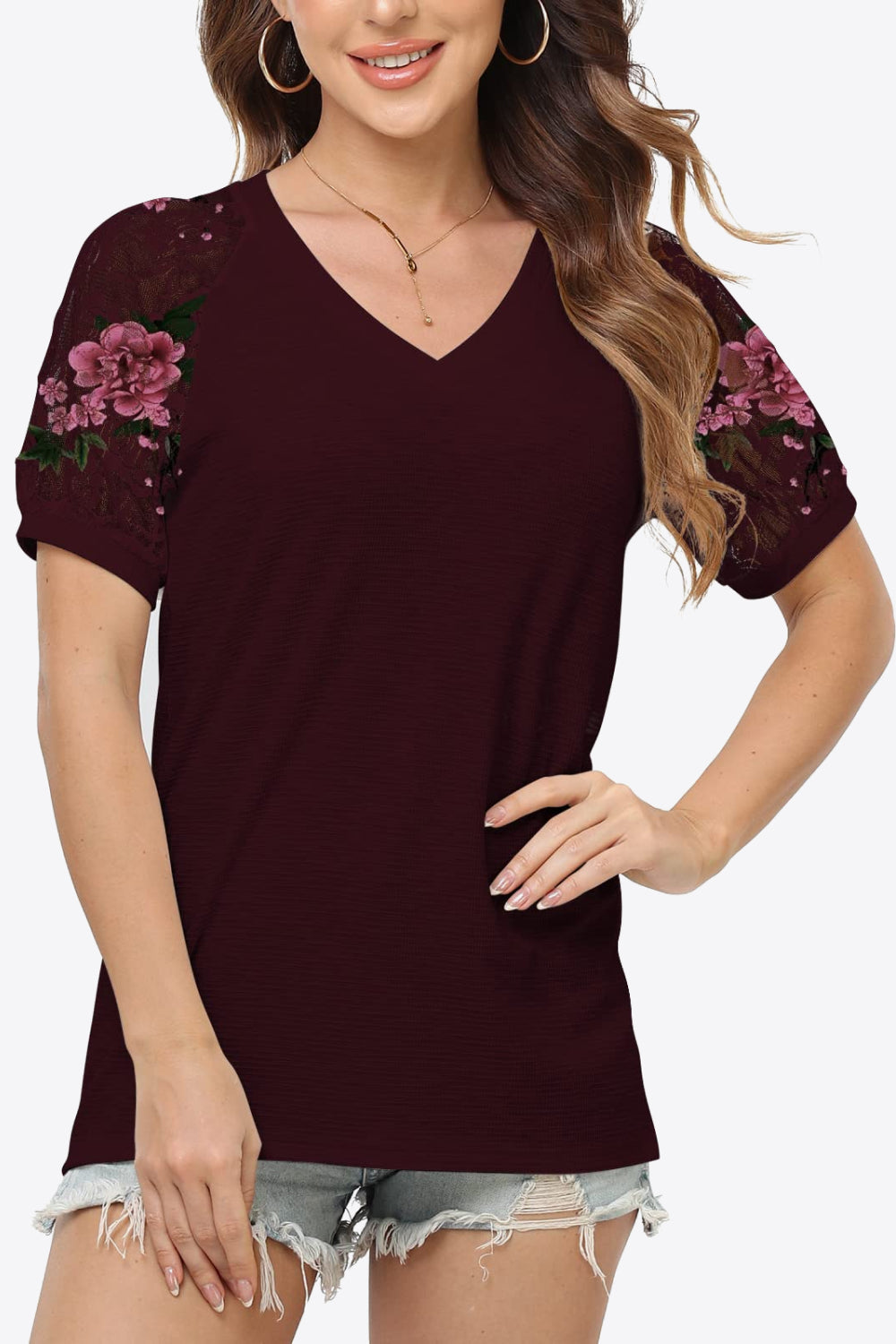 Short Sleeve V-Neck Tee - Floral / S - T-Shirts - Shirts & Tops - 29 - 2024