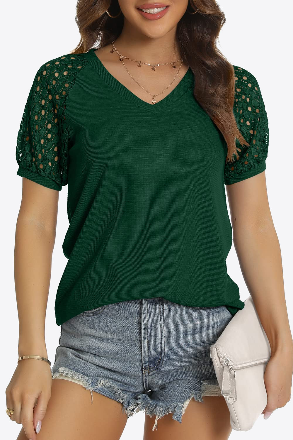 Short Sleeve V-Neck Tee - Dark Green / S - T-Shirts - Shirts & Tops - 34 - 2024