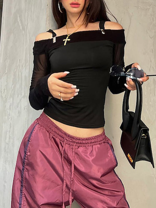 Off Shoulder Mesh Crop Top - Black / L - T-Shirts - Shirts & Tops - 17 - 2024