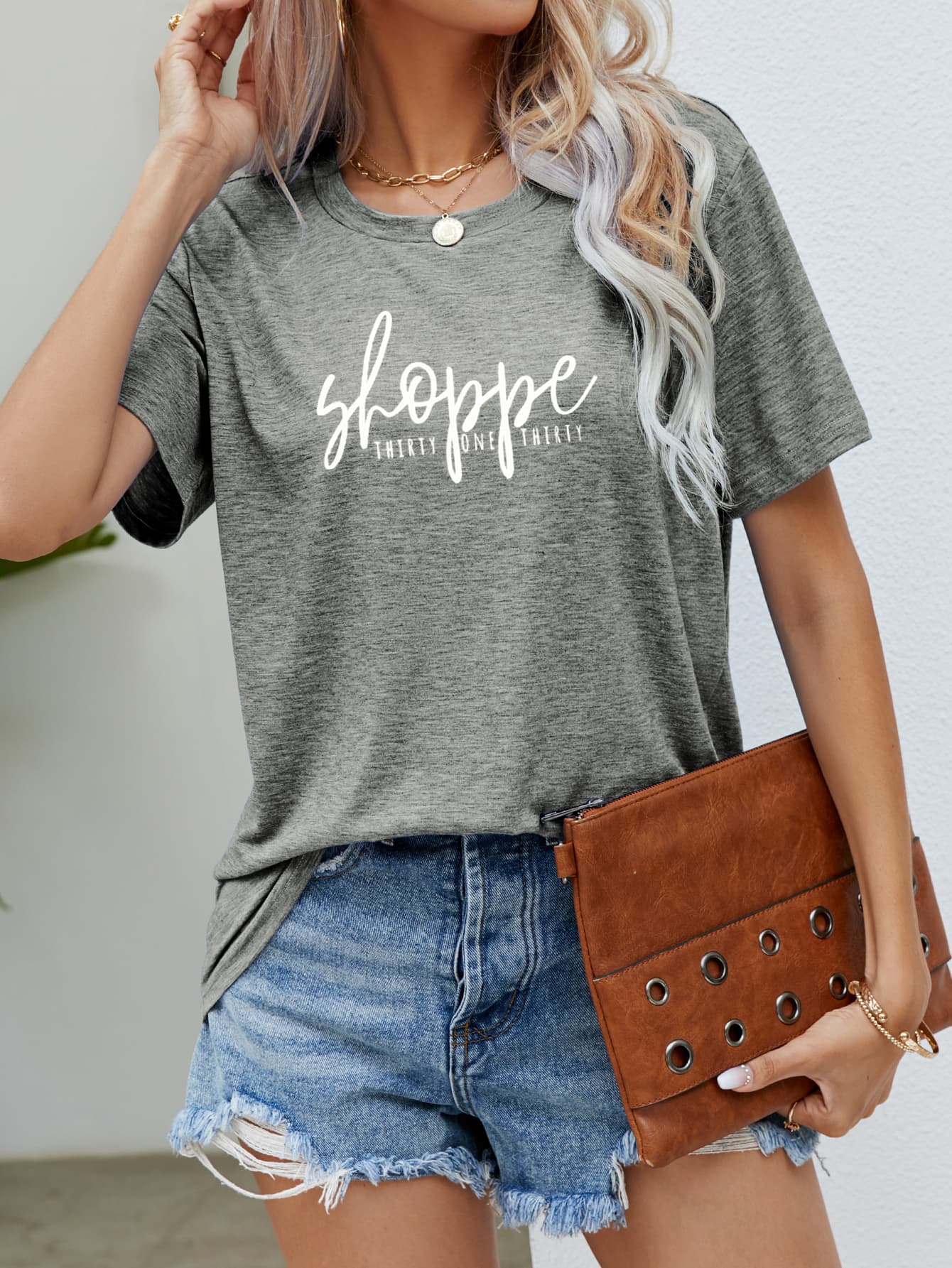 Slogan Graphic Round Neck Short Sleeve Tee - Gray / S - T-Shirts - Shirts & Tops - 1 - 2024