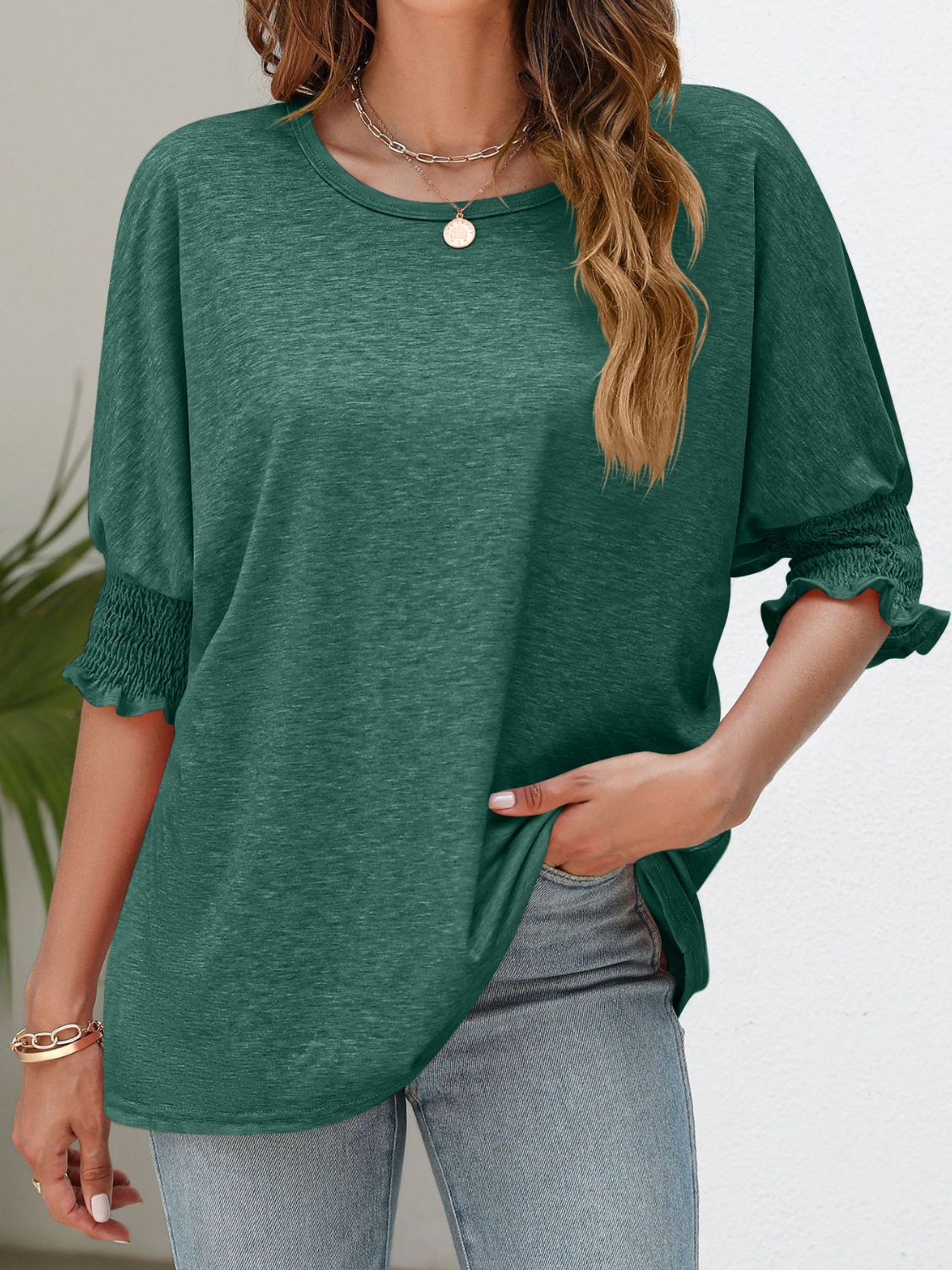 Smocked Flounce Sleeve Round Neck T-Shirt - Green / S - T-Shirts - Shirts & Tops - 19 - 2024