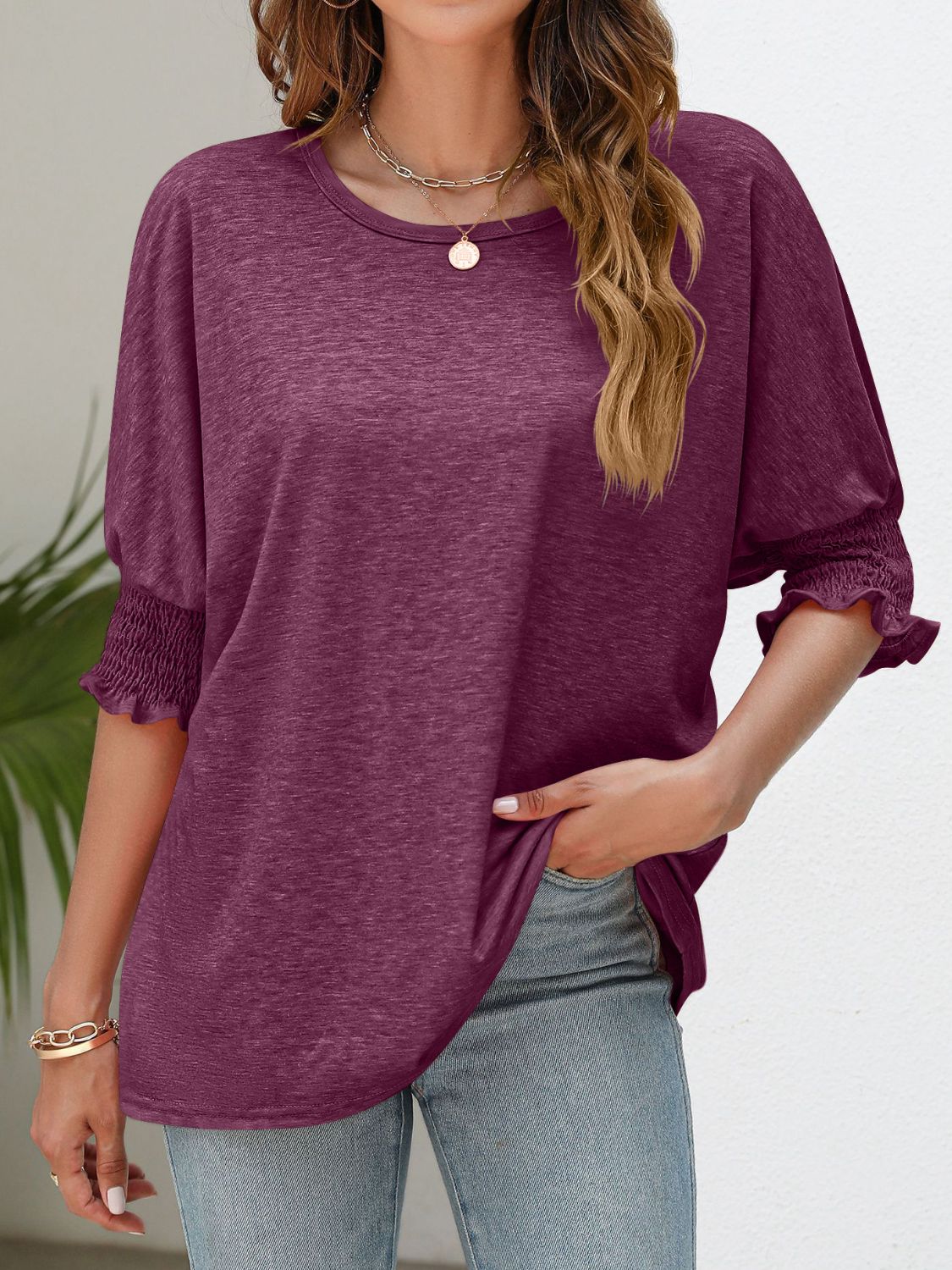 Smocked Flounce Sleeve Round Neck T-Shirt - Dark Red / S - T-Shirts - Shirts & Tops - 16 - 2024