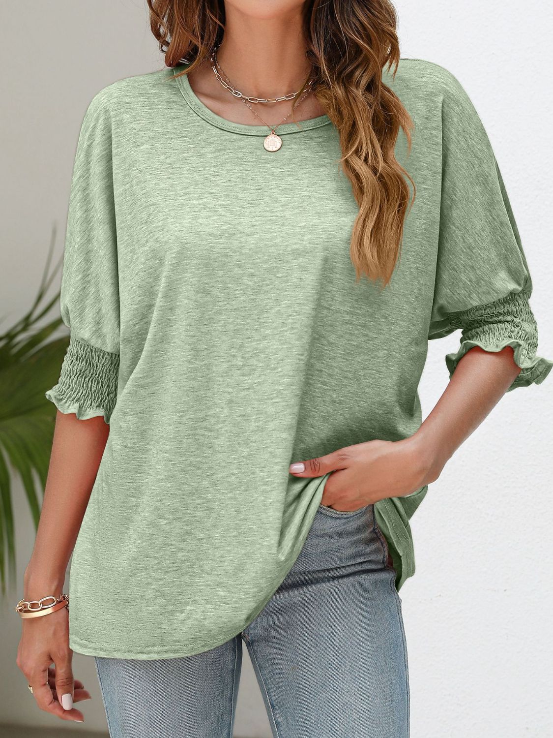 Smocked Flounce Sleeve Round Neck T-Shirt - Light Green / S - T-Shirts - Shirts & Tops - 1 - 2024