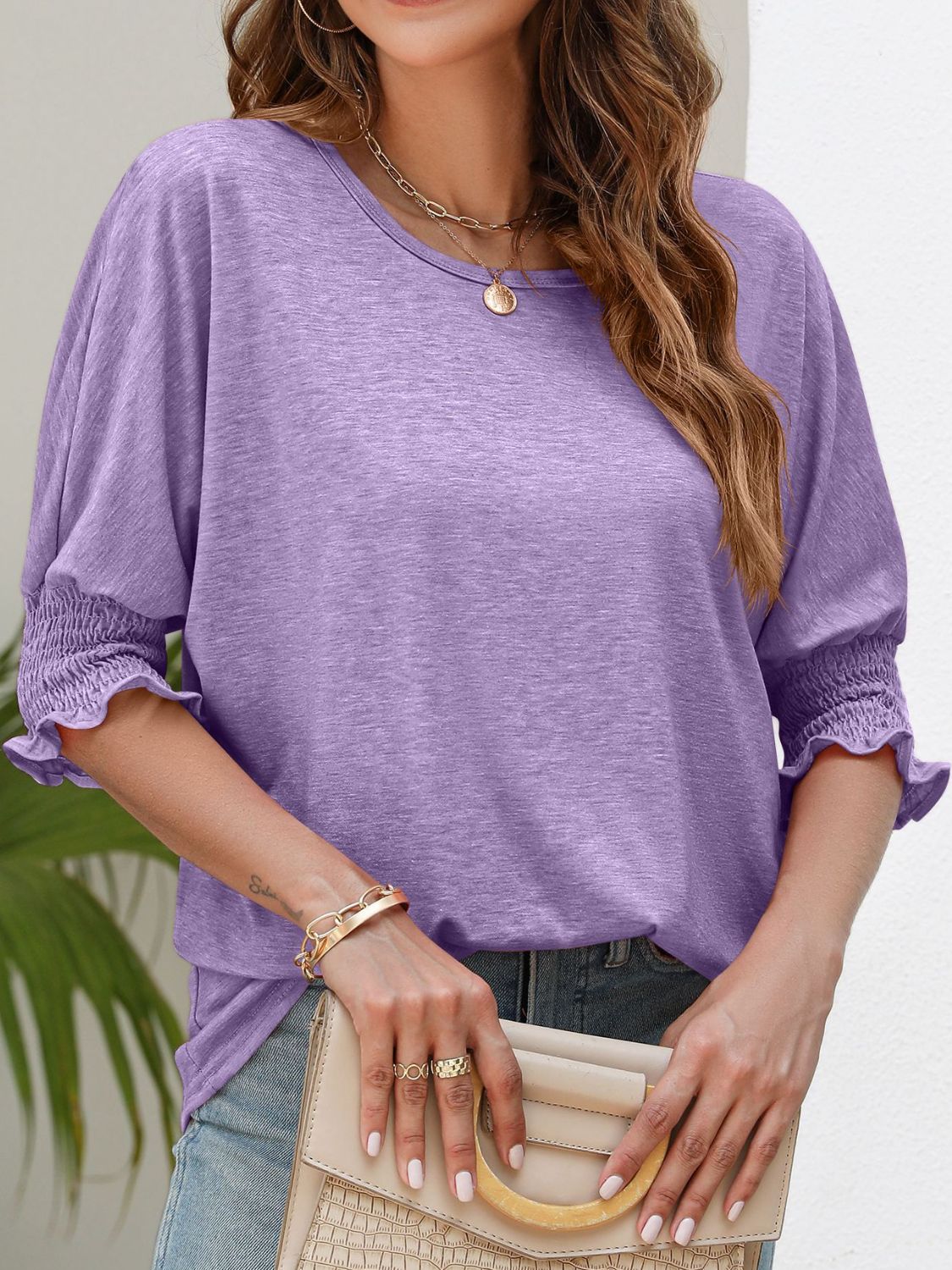 Smocked Flounce Sleeve Round Neck T-Shirt - Purple / S - T-Shirts - Shirts & Tops - 13 - 2024