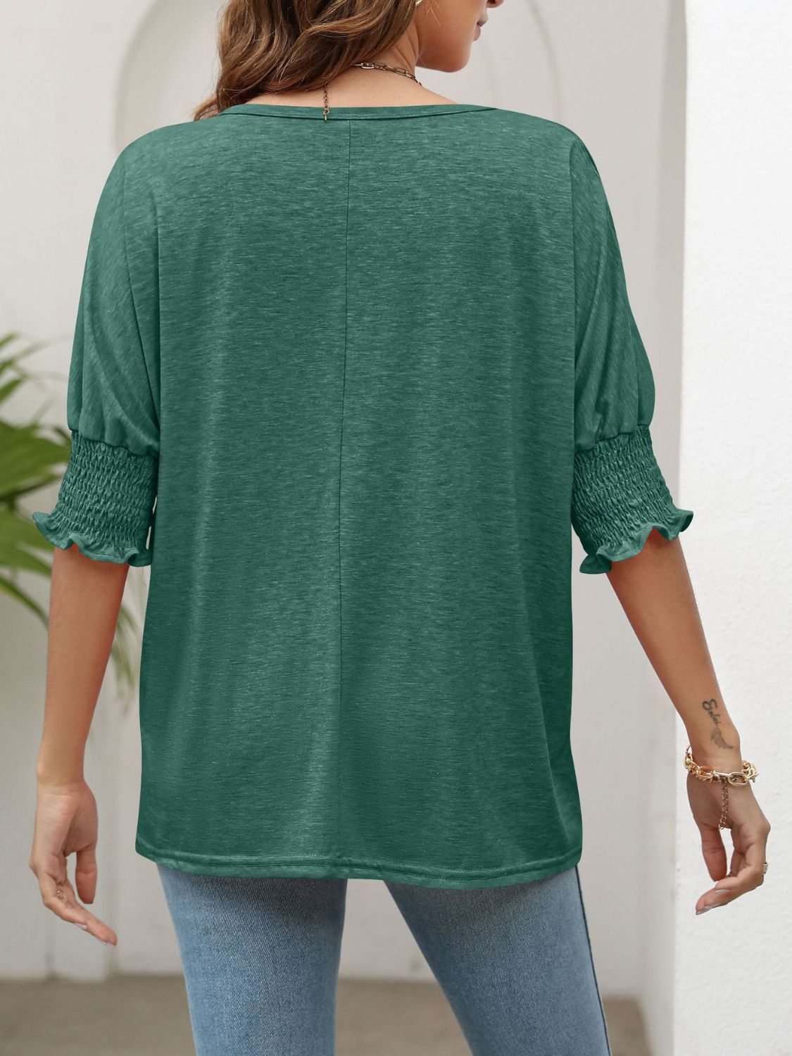 Smocked Flounce Sleeve Round Neck T-Shirt - T-Shirts - Shirts & Tops - 21 - 2024