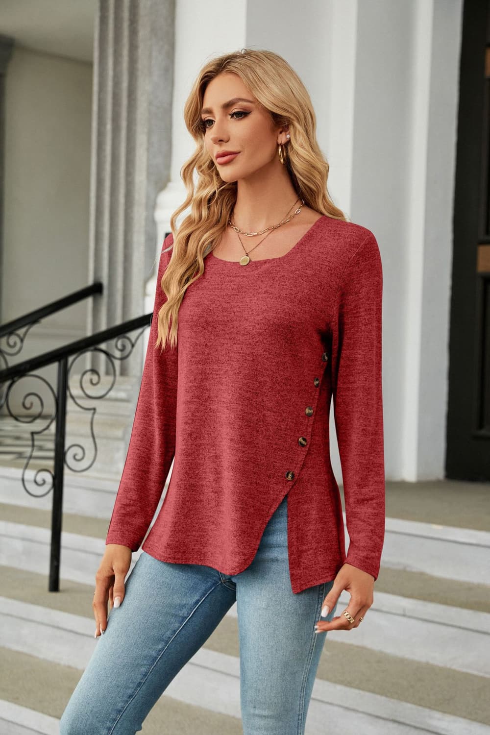 Square Neck Long Sleeve Slit T-Shirt - T-Shirts - Shirts & Tops - 14 - 2024