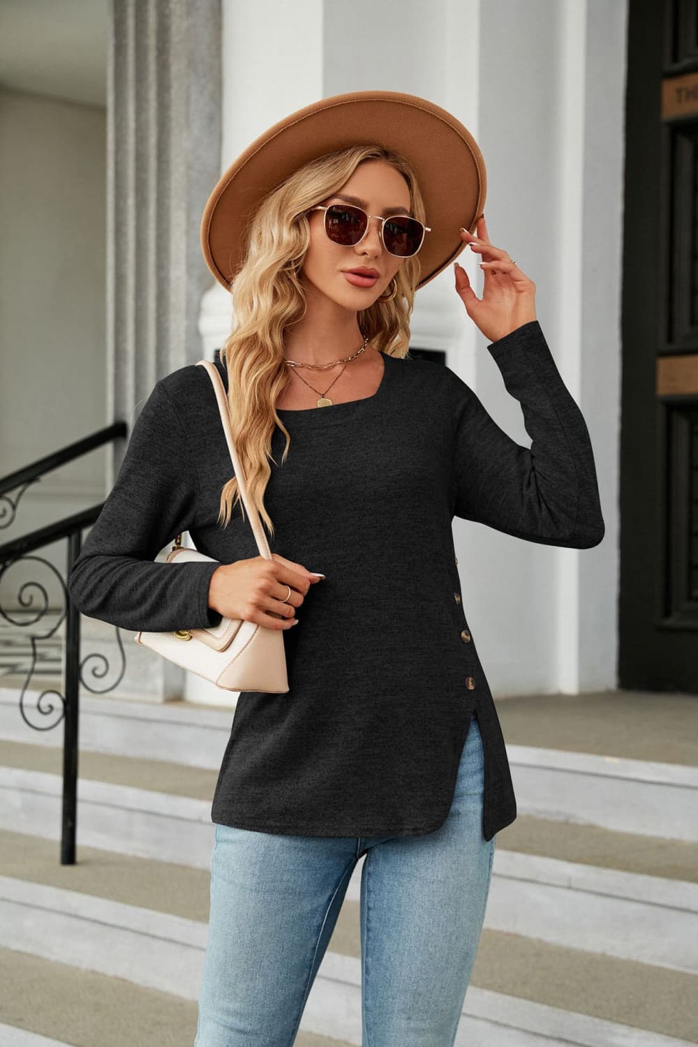 Square Neck Long Sleeve Slit T-Shirt - Black / S - T-Shirts - Shirts & Tops - 16 - 2024