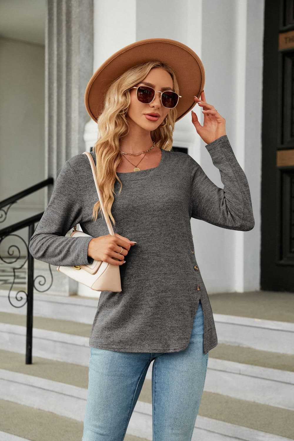 Square Neck Long Sleeve Slit T-Shirt - Charcoal / S - T-Shirts - Shirts & Tops - 1 - 2024