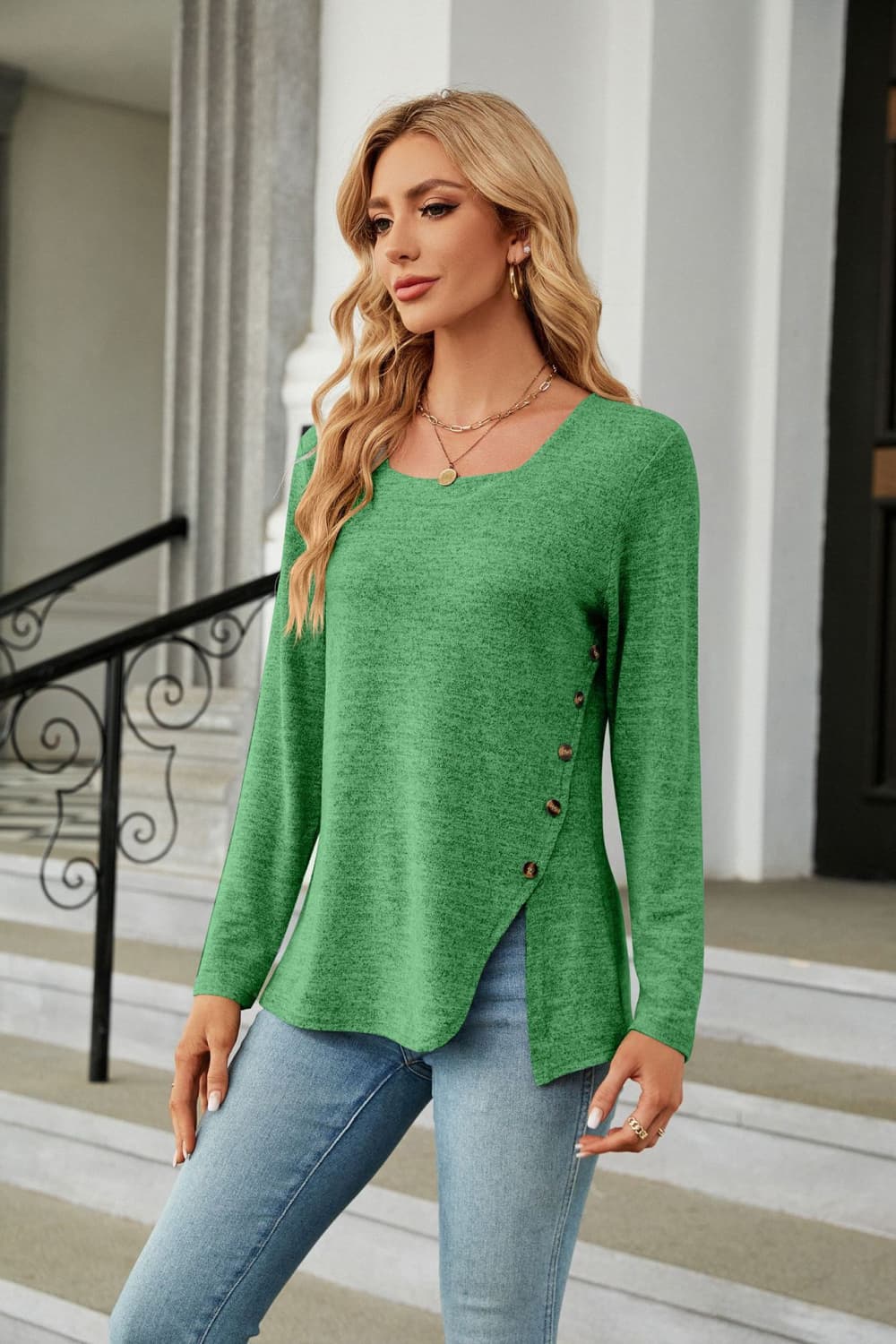 Square Neck Long Sleeve Slit T-Shirt - T-Shirts - Shirts & Tops - 8 - 2024