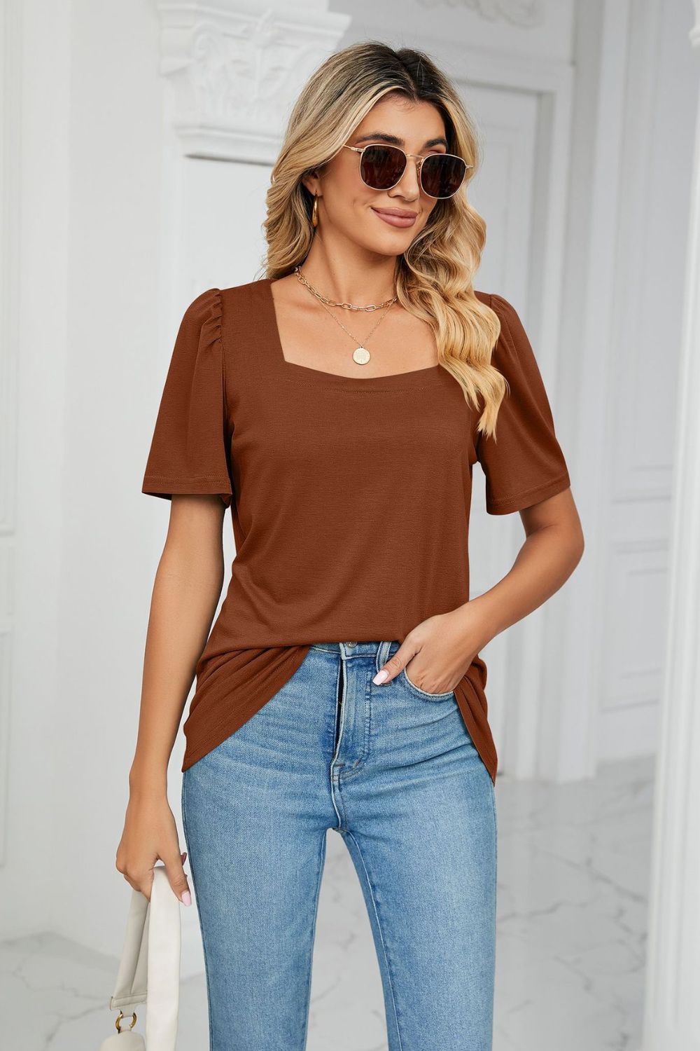 Square Neck Puff Sleeve T-Shirt - Brown / S - T-Shirts - Shirts & Tops - 10 - 2024