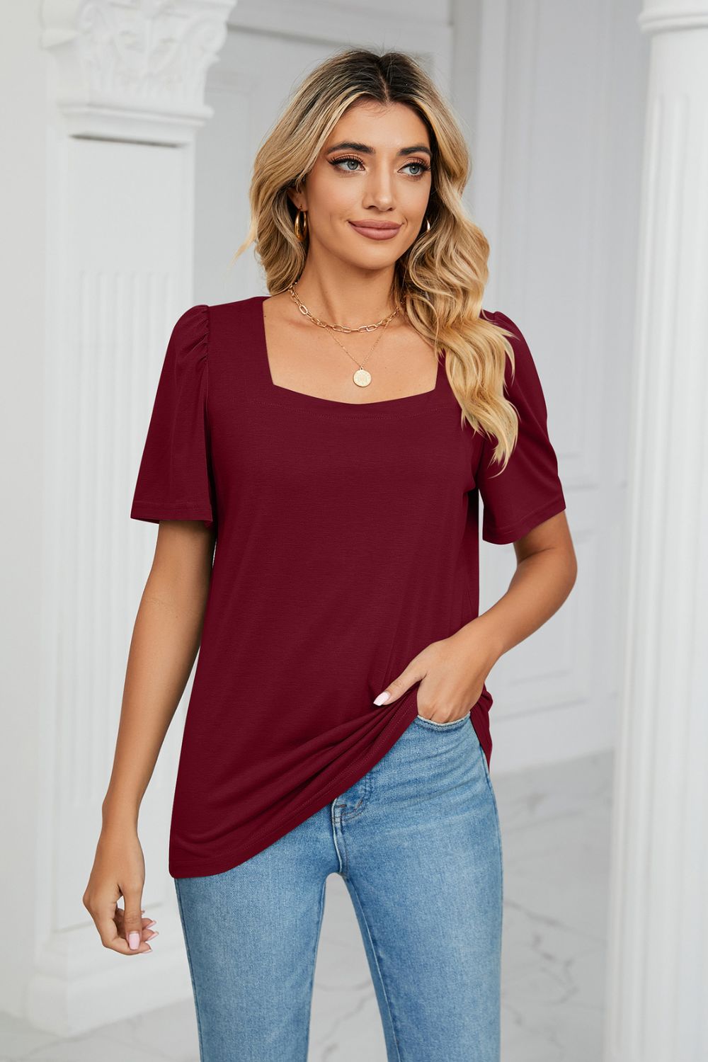 Square Neck Puff Sleeve T-Shirt - Dark Red / S - T-Shirts - Shirts & Tops - 7 - 2024