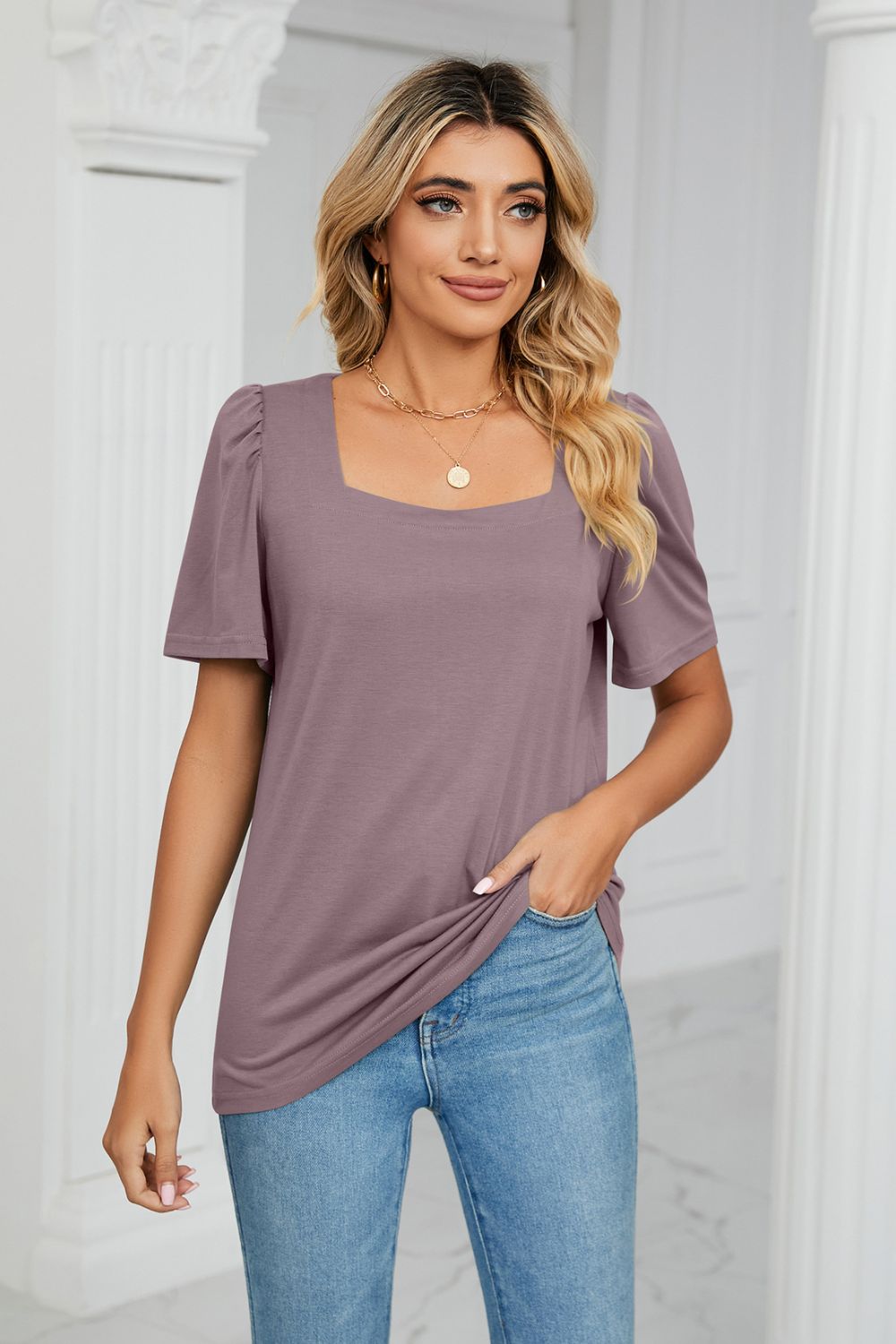 Square Neck Puff Sleeve T-Shirt - Purple / S - T-Shirts - Shirts & Tops - 4 - 2024