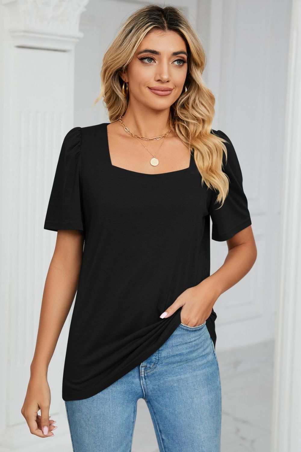 Square Neck Puff Sleeve T-Shirt - Black / S - T-Shirts - Shirts & Tops - 13 - 2024