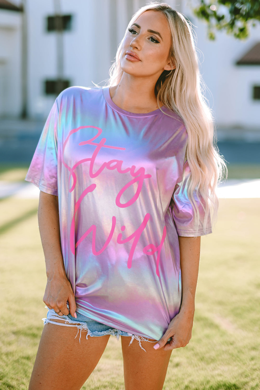 STAY WILD Round Neck Short Sleeve Holographic Tee - T-Shirts - Shirts & Tops - 1 - 2024
