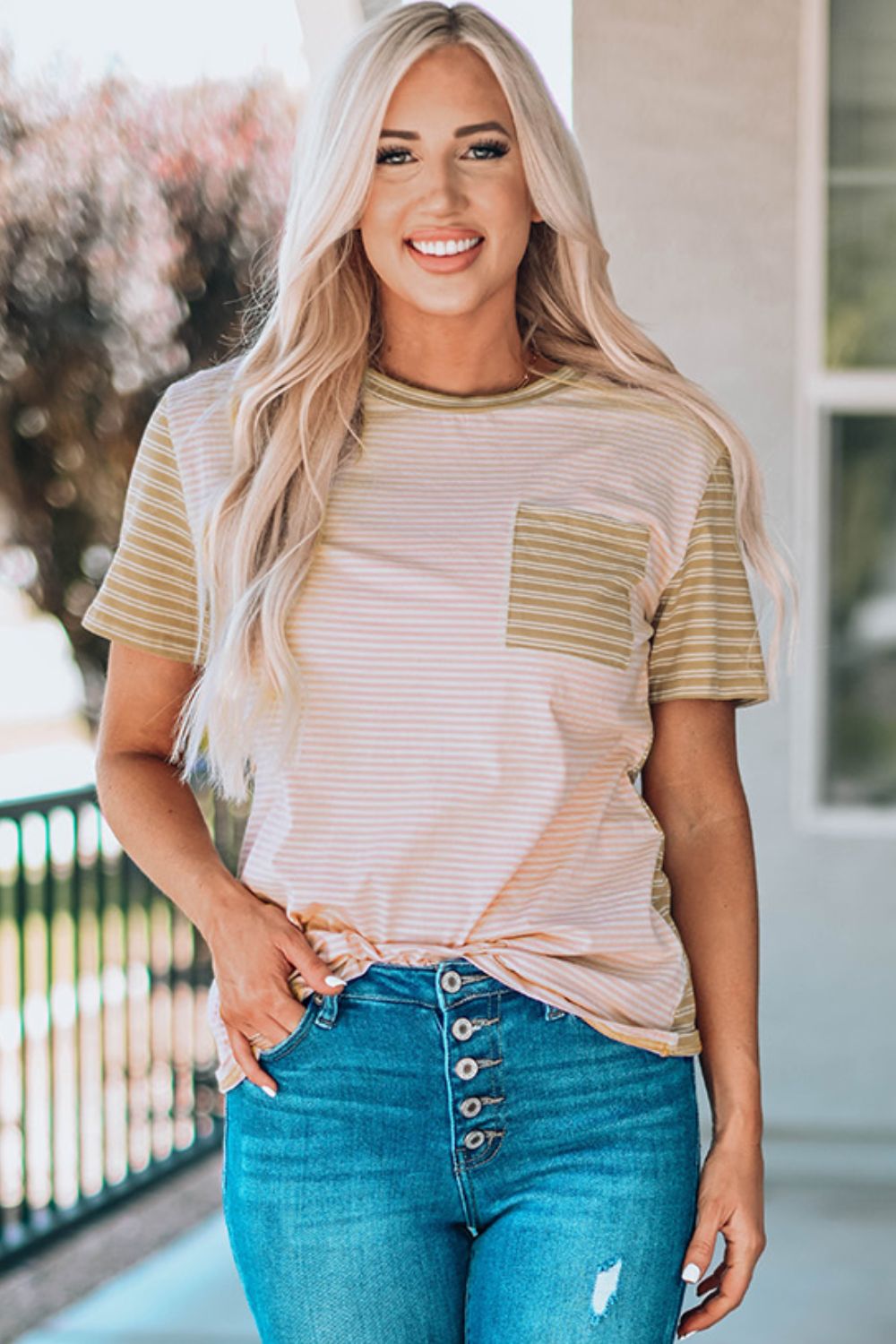 Striped Contrast T-Shirt with Breast Pocket - Stripe / S - T-Shirts - Shirts & Tops - 1 - 2024