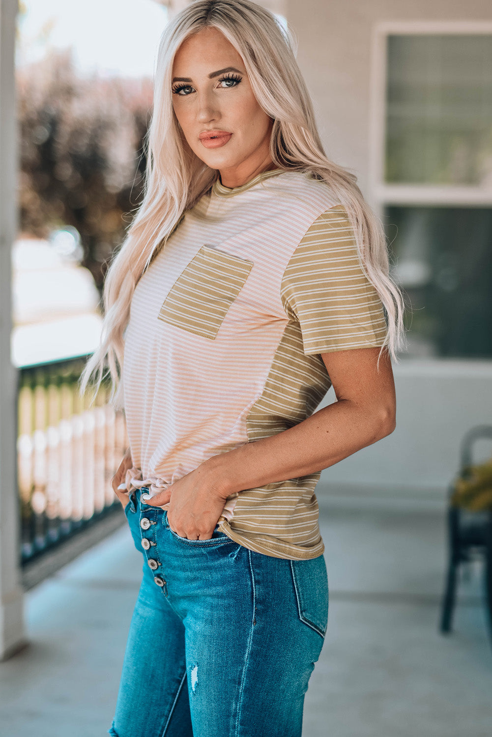 Striped Contrast T-Shirt with Breast Pocket - T-Shirts - Shirts & Tops - 5 - 2024