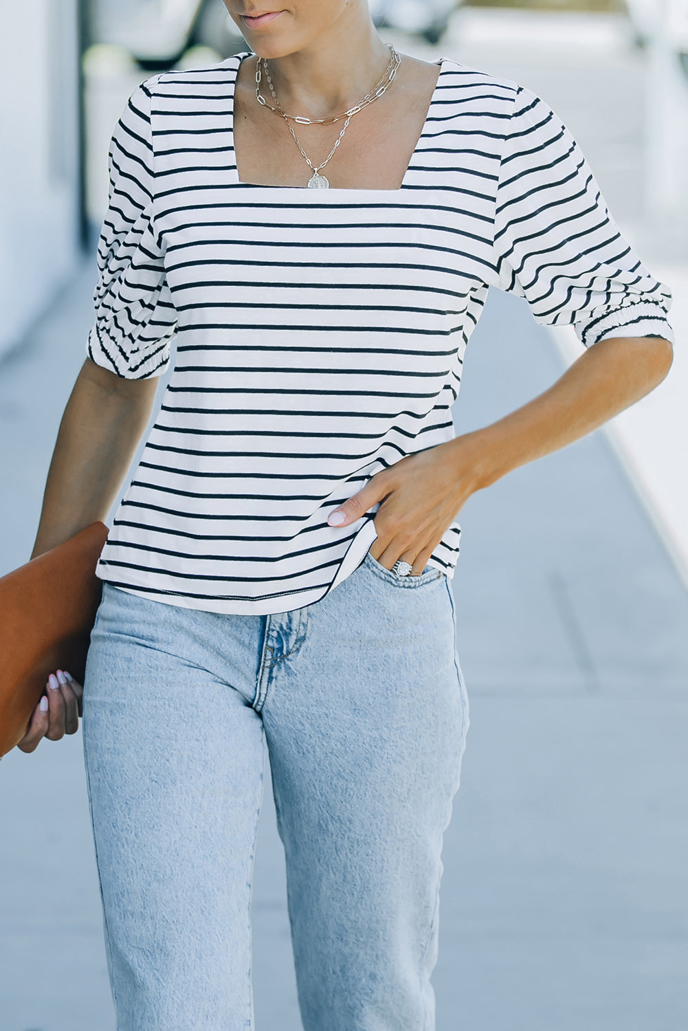 Striped Half Puff Sleeve Square Neck T-Shirt - Stripe / M - T-Shirts - Shirts & Tops - 1 - 2024