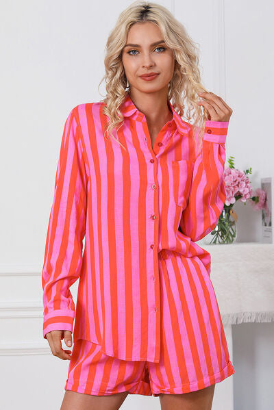 Striped Pocketed Button Up Shirt and Shorts Set - Hot Pink / S - T-Shirts - Outfit Sets - 1 - 2024