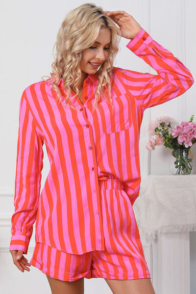 Striped Pocketed Button Up Shirt and Shorts Set - T-Shirts - Outfit Sets - 4 - 2024