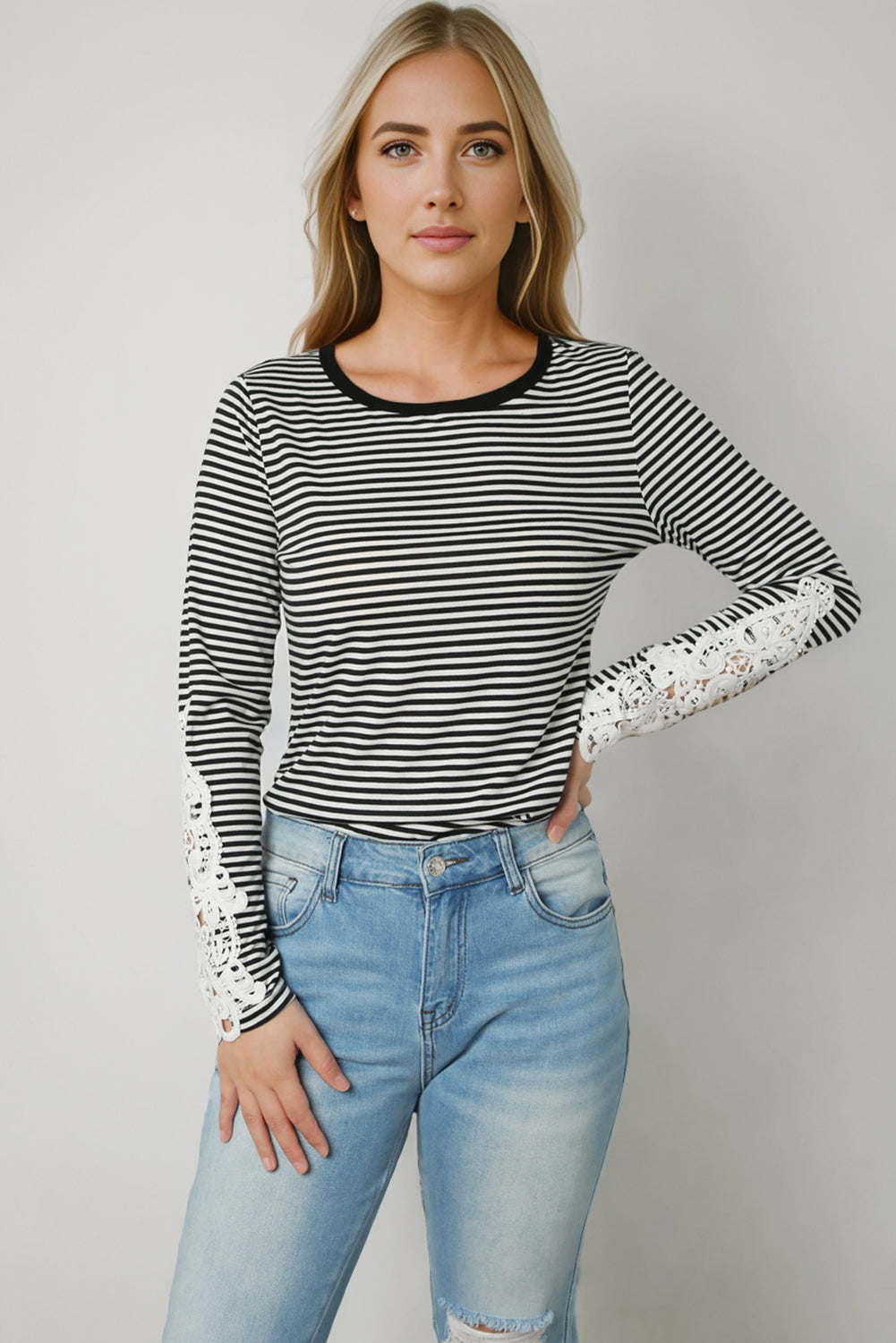 Striped Round Neck Long Sleeve Lace Trim T-Shirt - Black / S - T-Shirts - Shirts & Tops - 1 - 2024