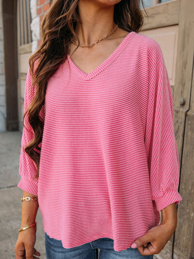 Striped V-Neck Raglan Sleeve T-Shirt - Carnation Pink / S - T-Shirts - Shirts & Tops - 1 - 2024