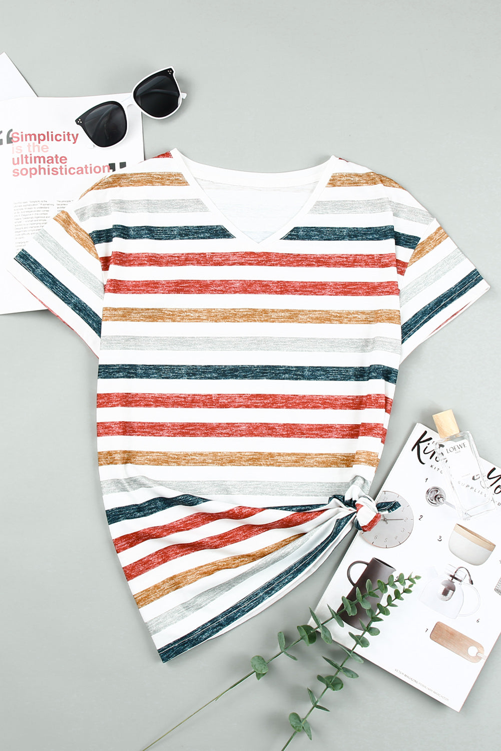 Striped V-Neck Short Sleeve Tee - T-Shirts - Shirts & Tops - 7 - 2024