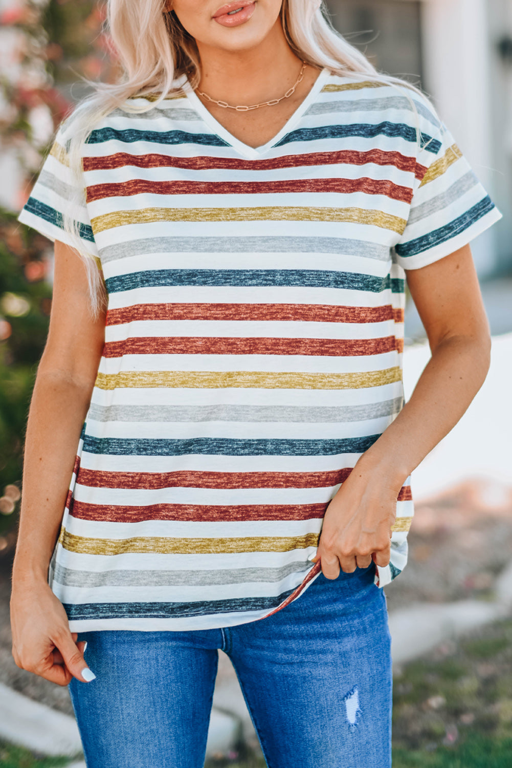 Striped V-Neck Short Sleeve Tee - T-Shirts - Shirts & Tops - 5 - 2024